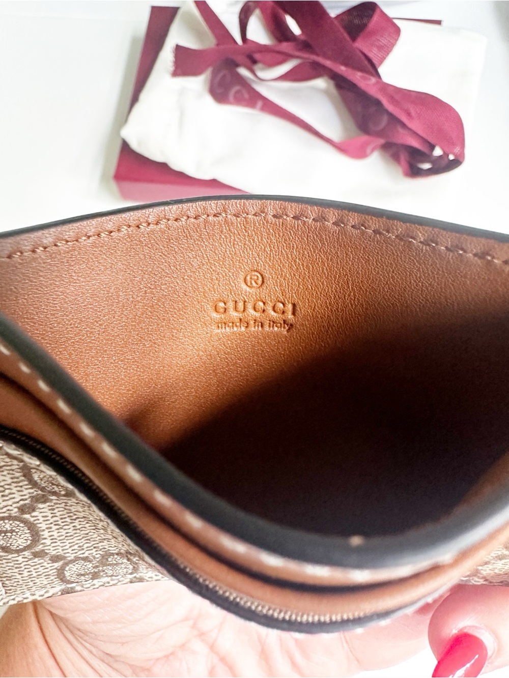 Gucci GG Emblem Card Case with Strap Beige and Dark Brown Fabric NWB - Picture 12 of 14